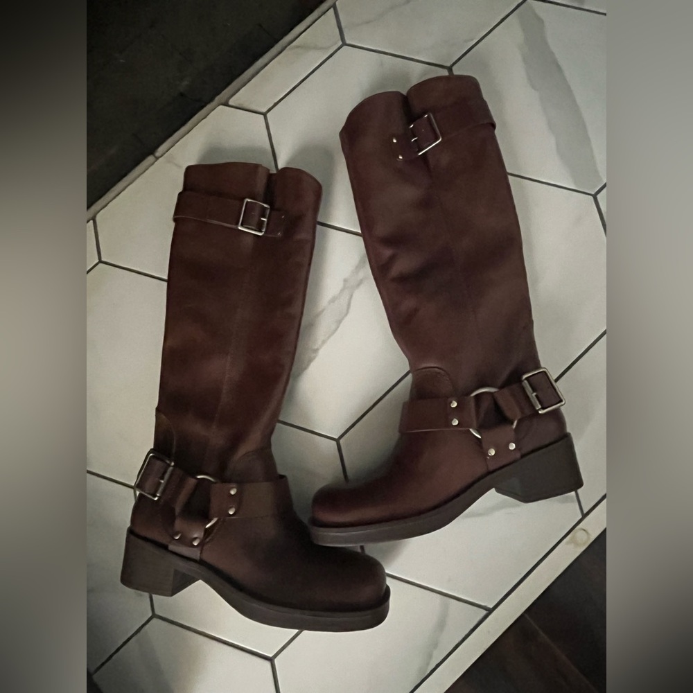 Arezzo Brown Heeled Boots with Decorative Buckles